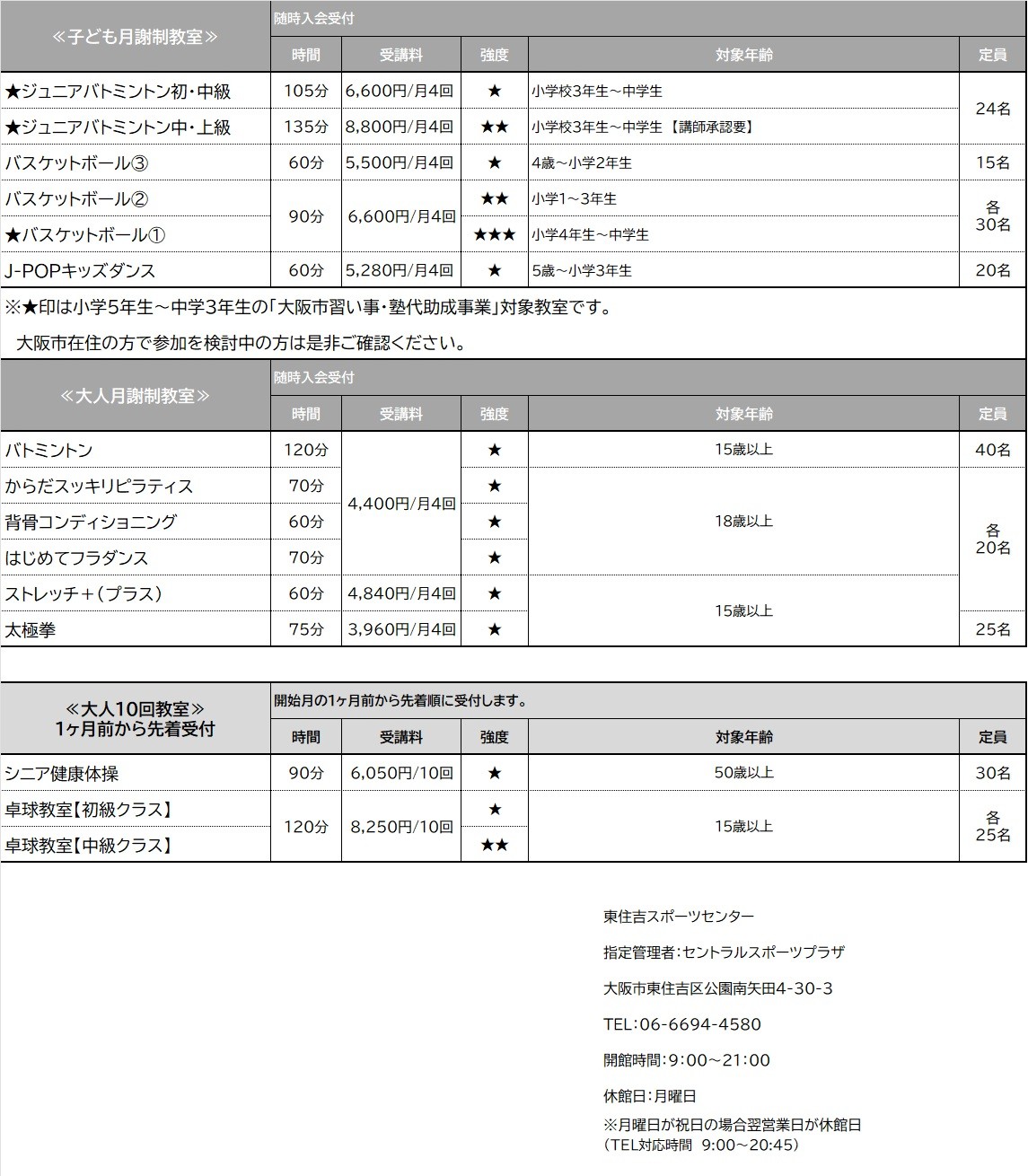 東住吉スポーツセンター　レッスンスケジュール裏